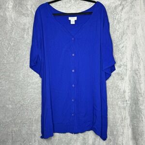 Avenue 30 32 4X Top Shirt Blue Solid Short Sleeve Button Up Scoop V Neck Womens